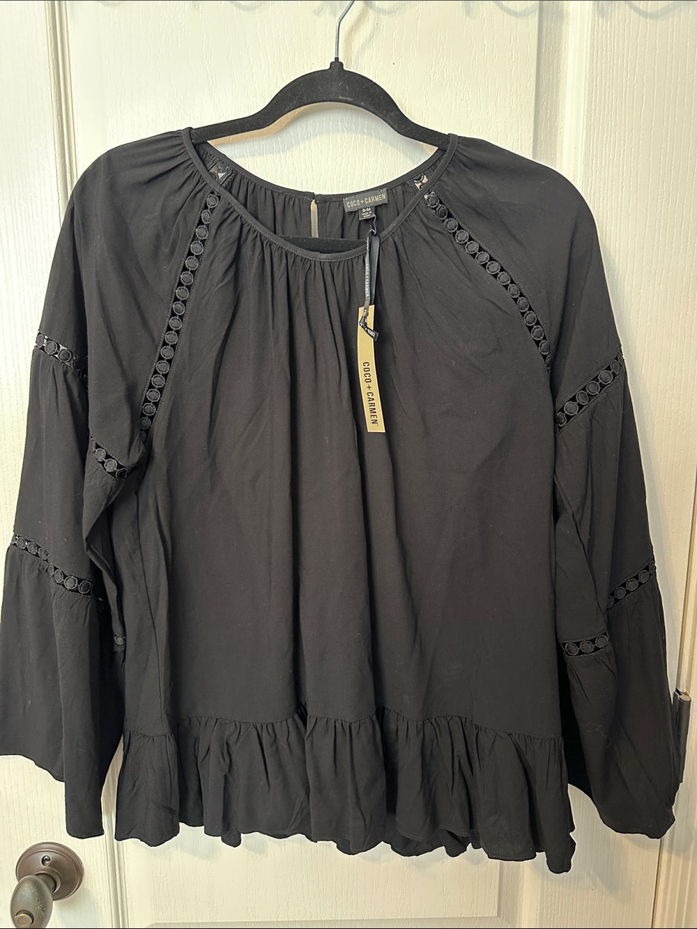 Coco + Carmen Black Peasant Blouse with Eyelet Trim